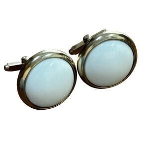 Vintage mid century chunky silver & white button style cufflinks rounds classic